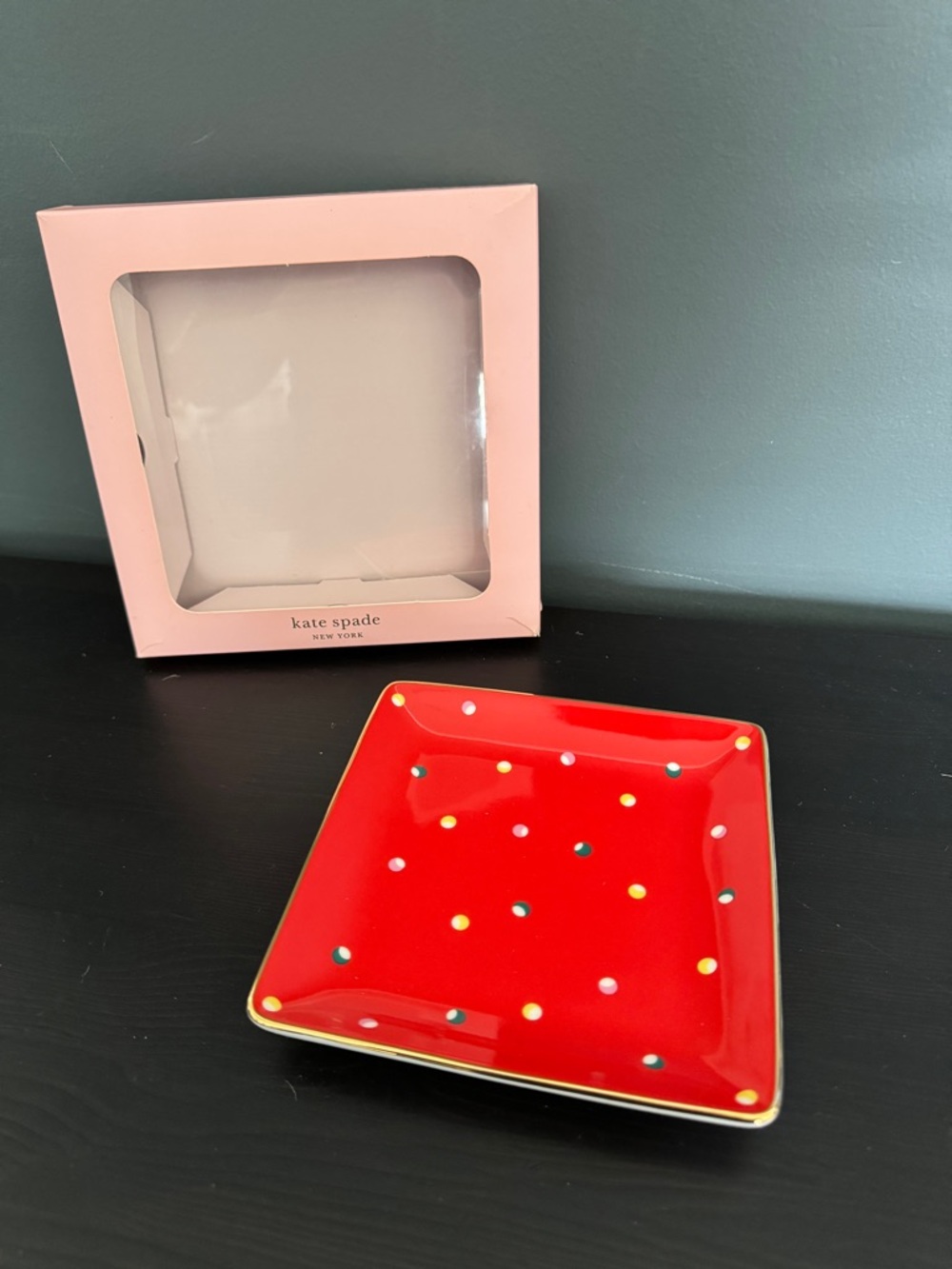 Kate Spade Lenox Christmas Jewelry Trinket Tray Dish Red w/ Dots 5-3/4”